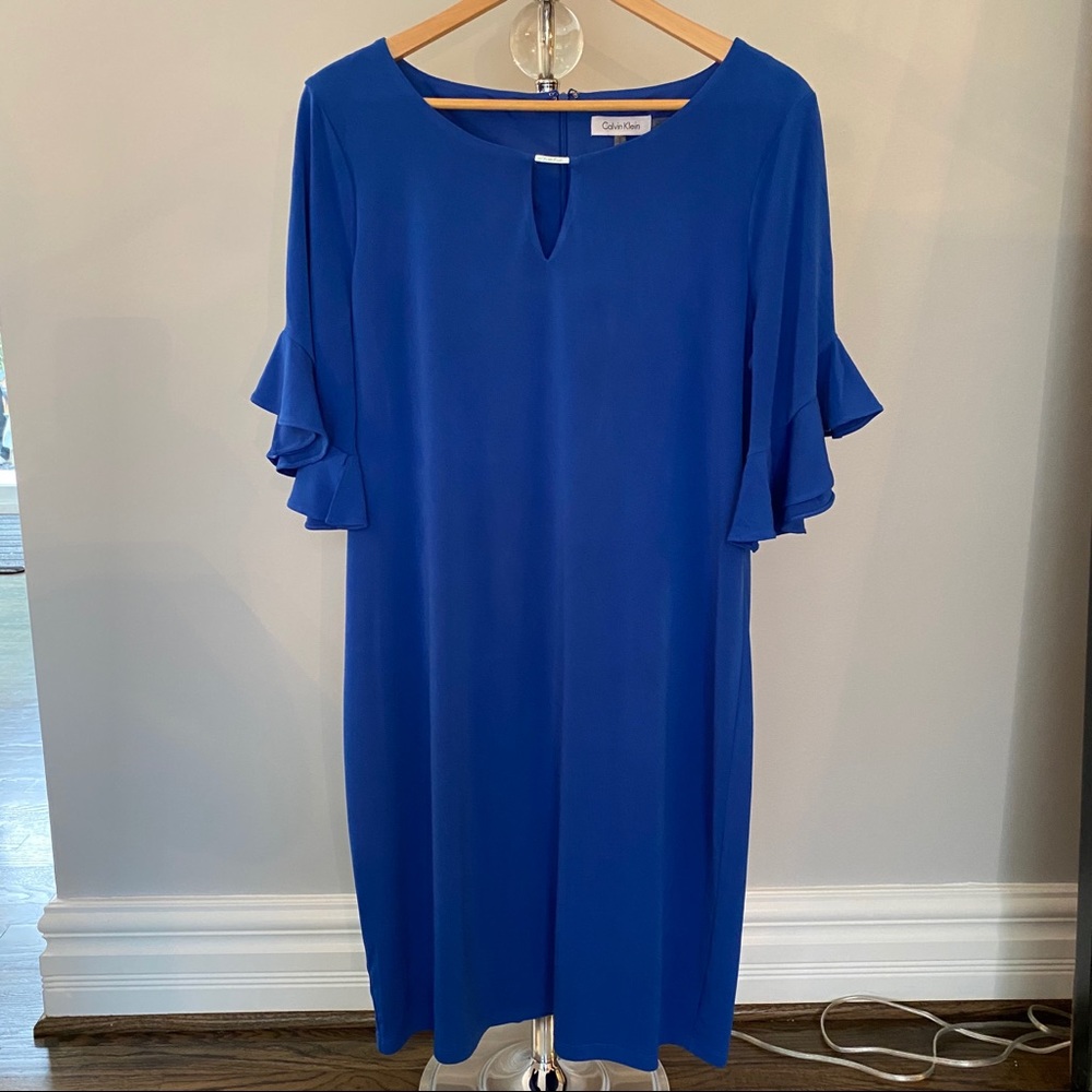 Calvin Klein Blue Ruffle Sleeve Dress Size Large